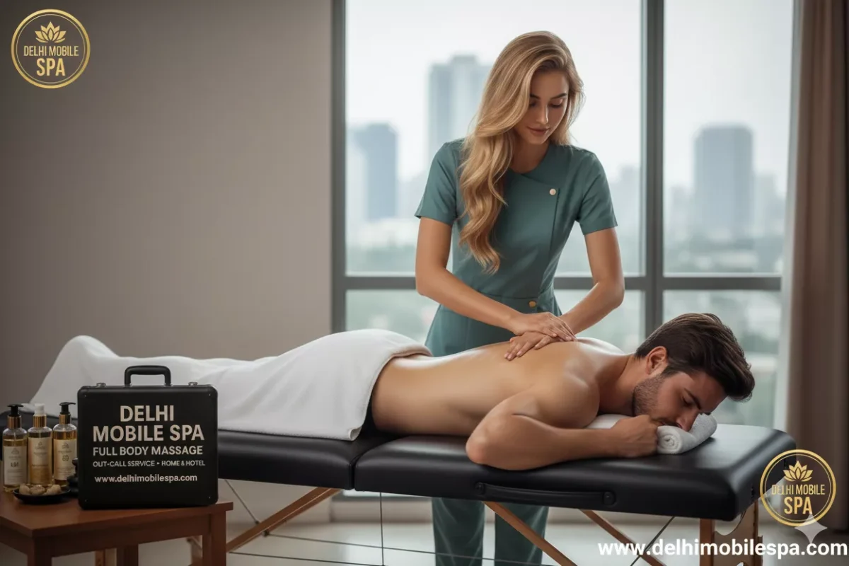 Certified Russian therapist Anastasia performing deep tissue outcall massage with professional portable spa kit in a Gurgaon luxury apartment.