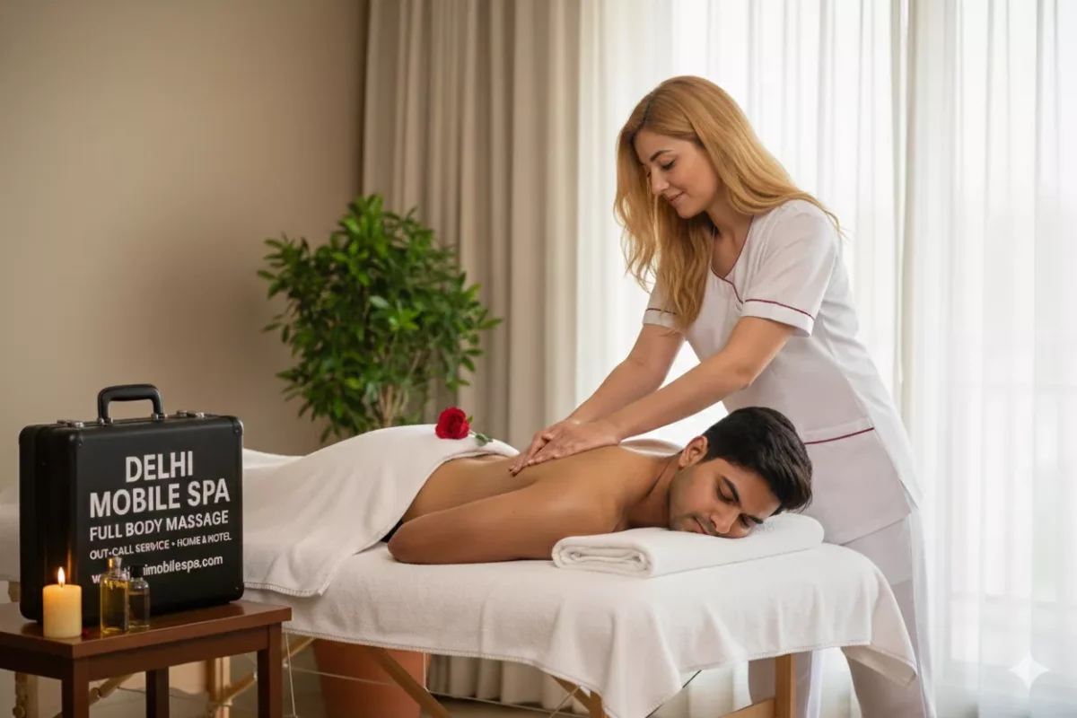 Ukrainian therapist Anna gives Deep Tissue massage to Indian male client in a Saket hotel room.