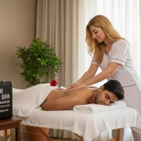 Ukrainian therapist Anna gives Deep Tissue massage to Indian male client in a Saket hotel room.