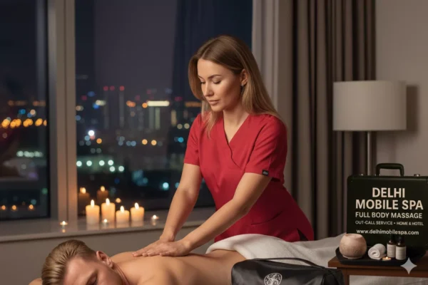 Russian therapist Ekaterina providing deep tissue massage at a hotel in Aerocity, Delhi with a DELHI MOBILE SPA outcall kit.