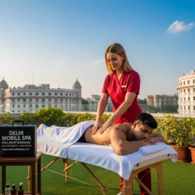 Polish russian massage therapist Katya giving Aromatherapy massage to Indian male client in a high-end Connaught Place hotel royal plaza spa setting.