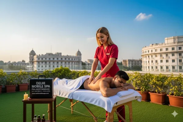 Polish russian massage therapist Katya giving Aromatherapy massage to Indian male client in a high-end Connaught Place hotel spa setting.