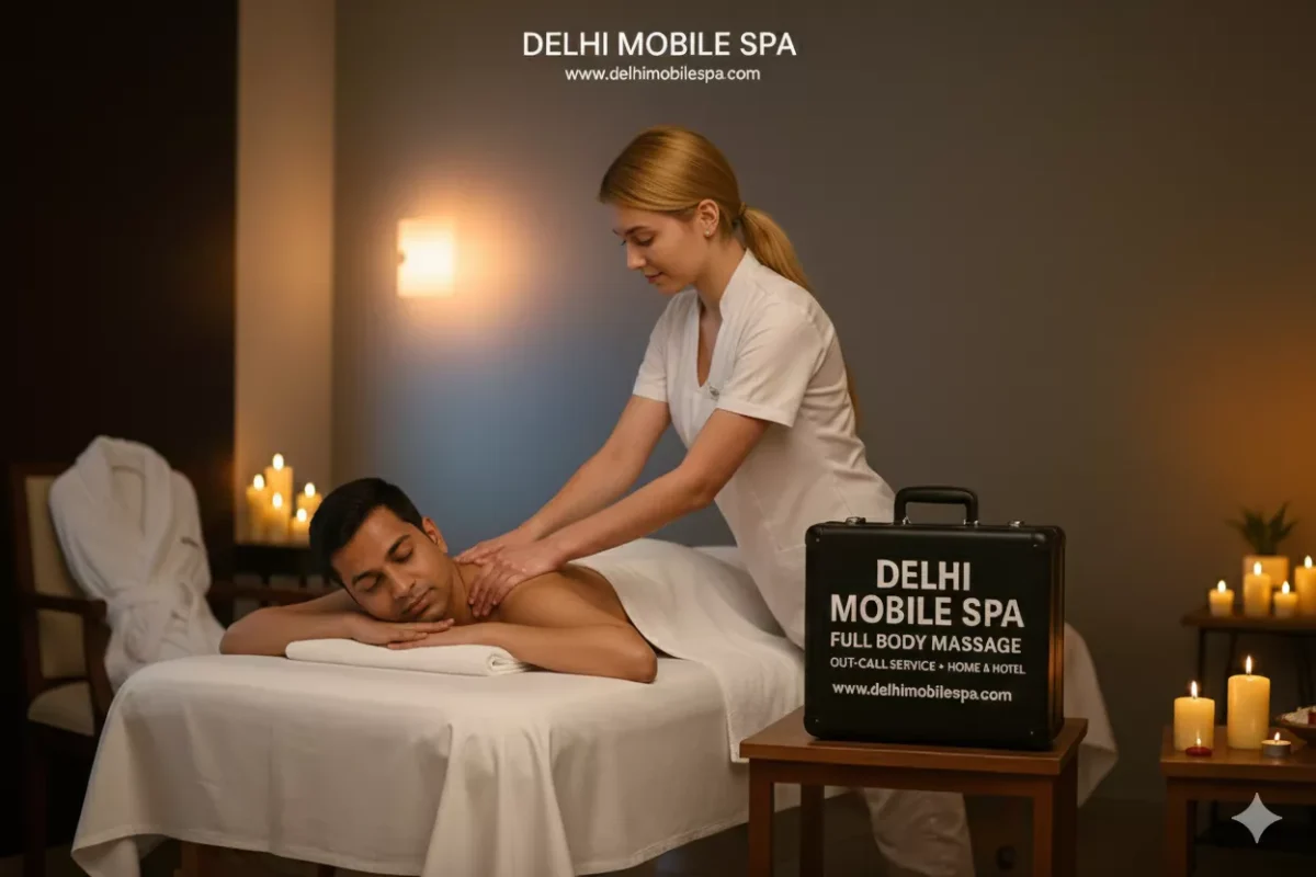 Certified European Therapist Lena (blonde, white uniform) giving professional Full Body Massage to a female client in a Pitampura home/hotel setting with Delhi Mobile Spa kit.