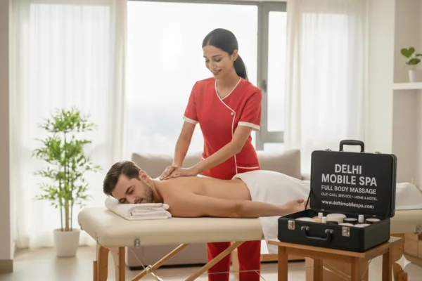HD Image: Tall, Fair Indian Female Therapist Ria (White Uniform) giving Balinese Full Body Massage to Male Client in Sunny Hotel/Home Room. New Professional Massage Kit and Oils visible on table. 🇮🇳