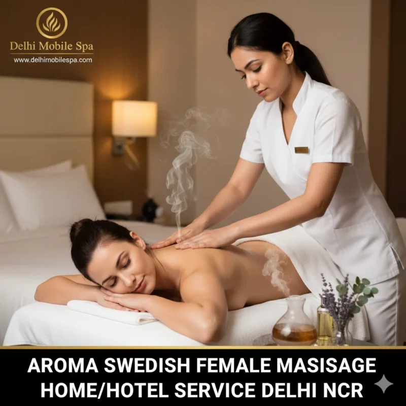Professional Female Therapist in White Uniform giving Aroma Swedish Full Body Massage to Female Client at Home/Hotel in Delhi NCR.