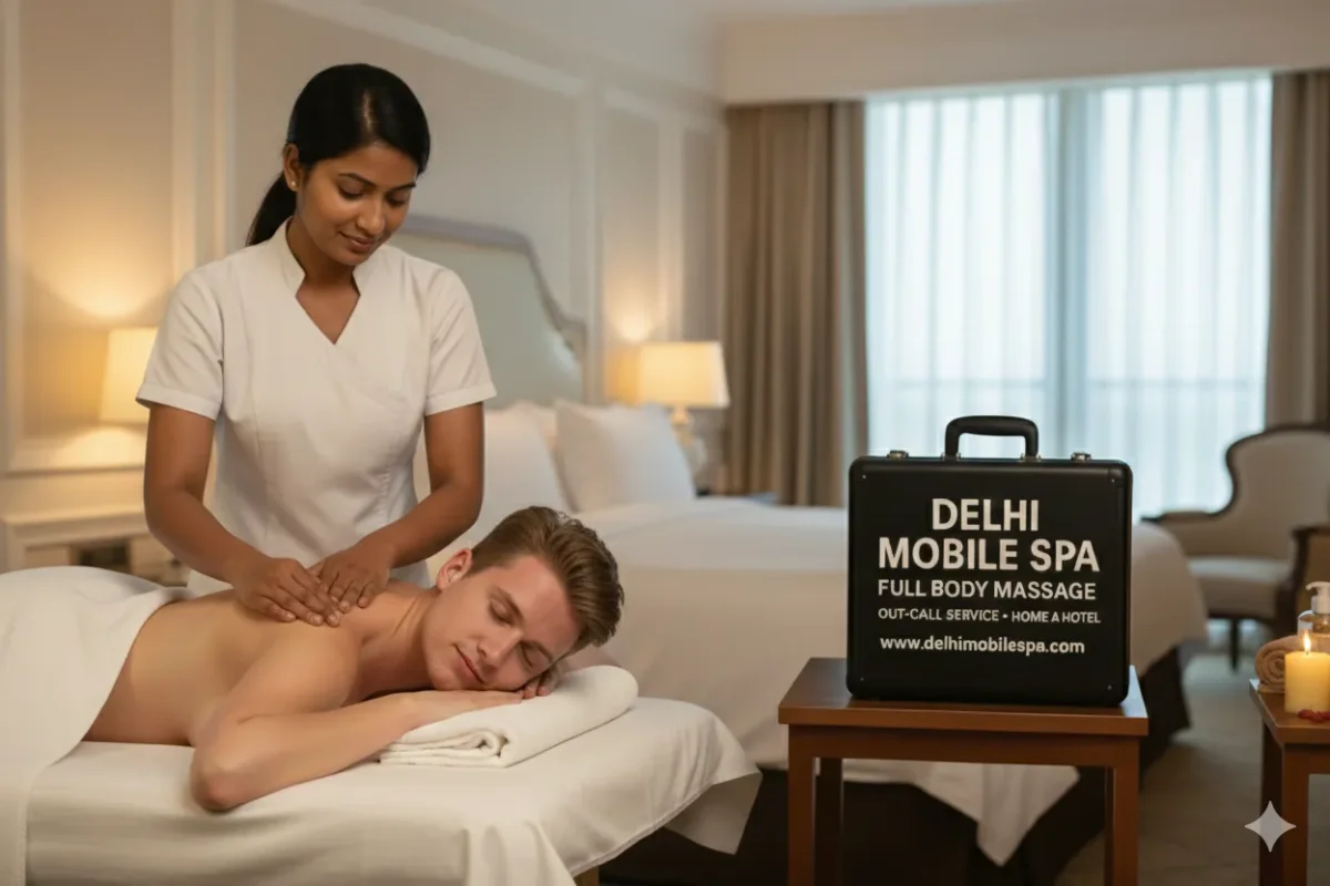 Sonam, Indian therapist giving hot stone fusion massage to Indian male client in a Connaught Place 5 star hotel room (outcall service).