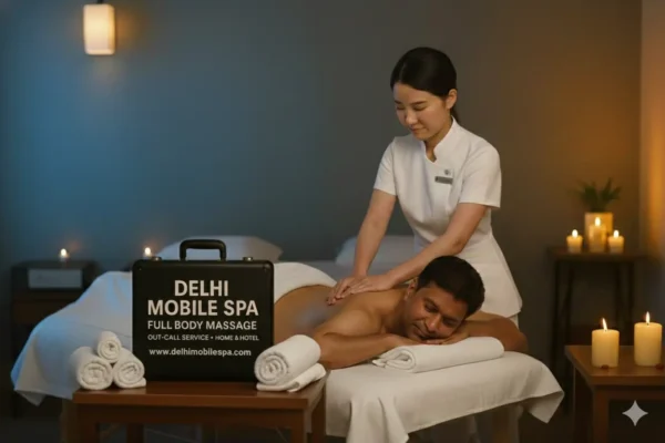 Akira, Japanese therapist in a white uniform, standing next to a mobile spa kit and essential oils, ready for a deep tissue massage in a luxury hotel setting. 🛎️