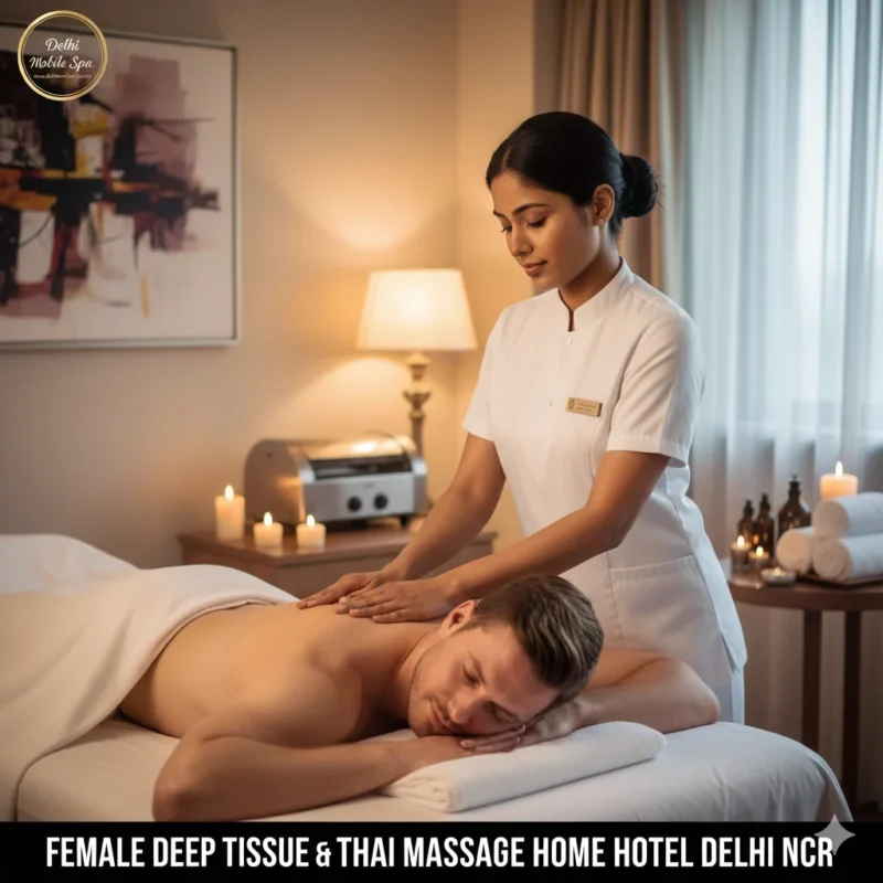 Professional female therapist performing deep tissue or Swedish massage on a client in a luxury hotel room in Delhi NCR.