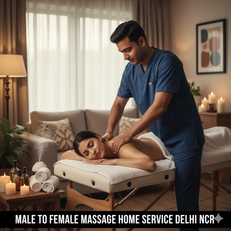 High-quality image showing a professional female Indian massage therapist delivering a specialized Pain Relief Massage to a client on a portable table in a private, luxurious setting (home or hotel) in Delhi NCR.