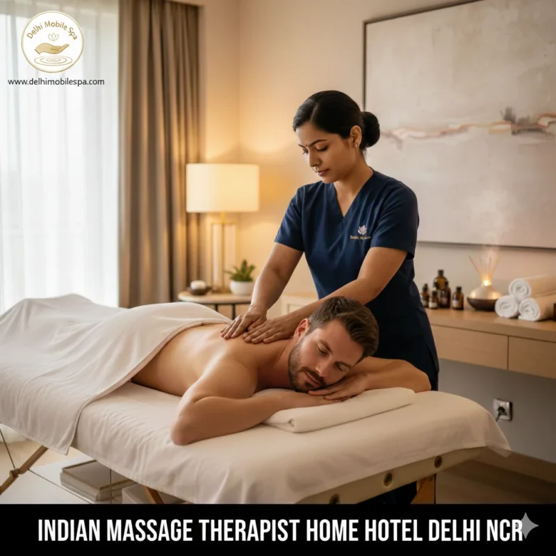 Professional Indian female therapist giving back massage to client in luxury hotel room with candles and spa setup in Delhi NCR.