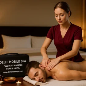 Professional full body massage at hotel by Delhi Mobile Spa with certified female therapist and complete massage kit