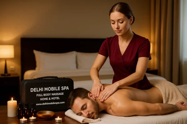Professional full body massage at hotel by Delhi Mobile Spa with certified female therapist and complete massage kit