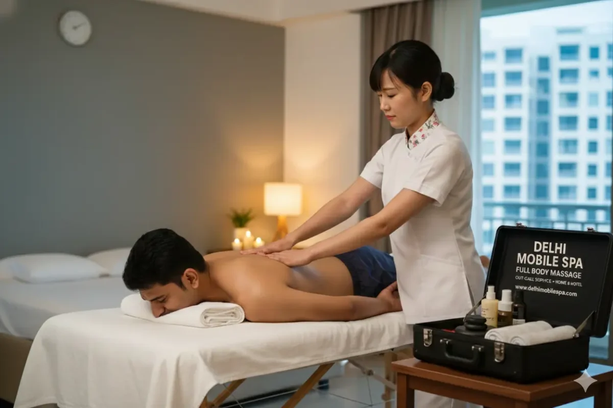 Japanese female massage therapist Hana in white uniform giving Shiatsu Deep Tissue massage to an Indian male client in a premium apartment in Gurgaon.