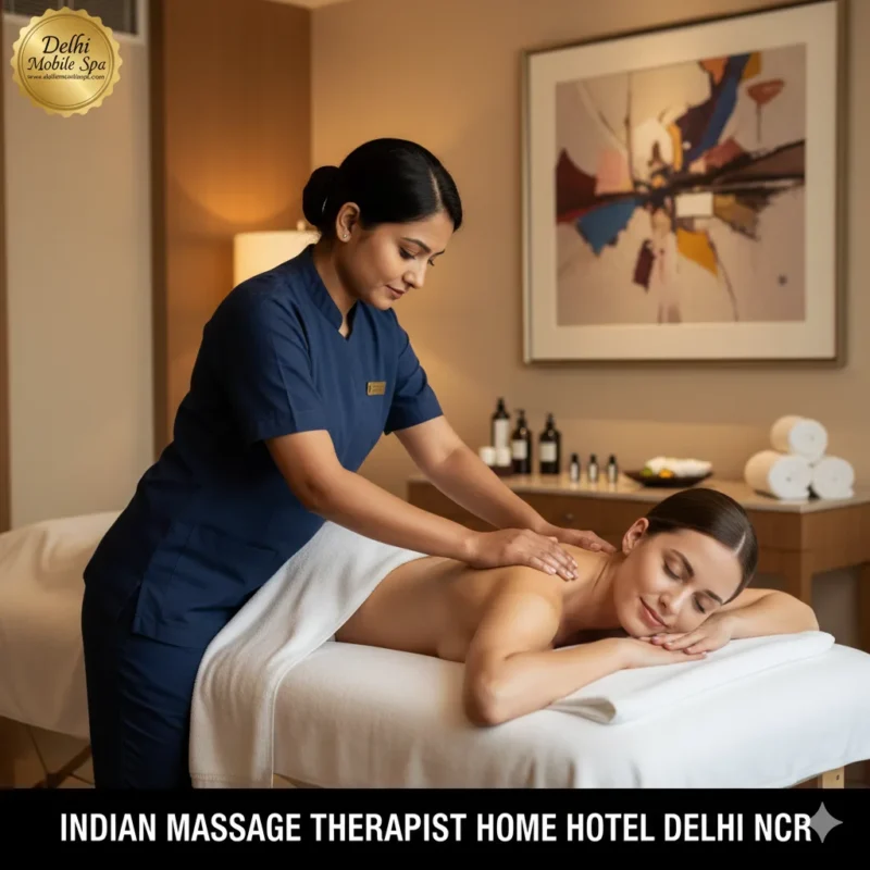 Indian female massage therapist giving professional back massage to foreign client in luxury hotel room in Delhi NCR