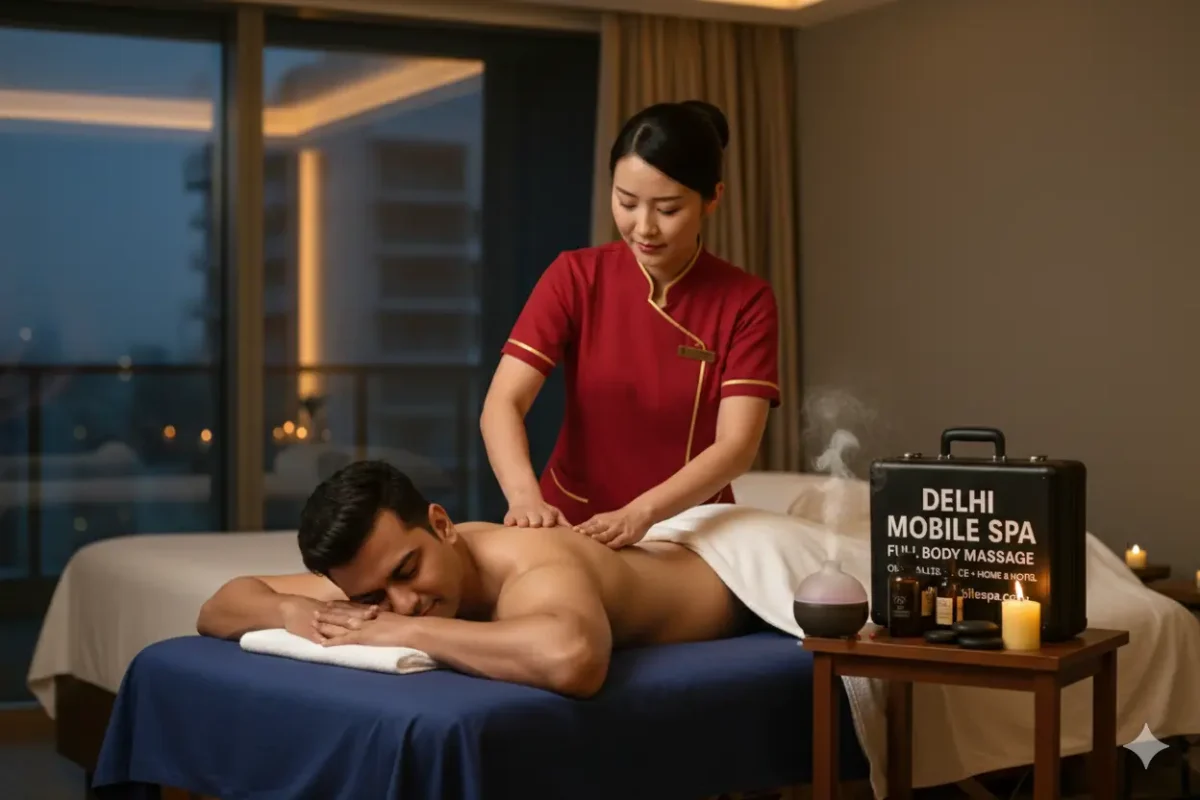 Aiko: Japanese female therapist in red uniform giving a Full Body Massage to an Indian male client in a luxurious Dwarka hotel setup. Delhi Mobile Spa kit visible. 🇯🇵
