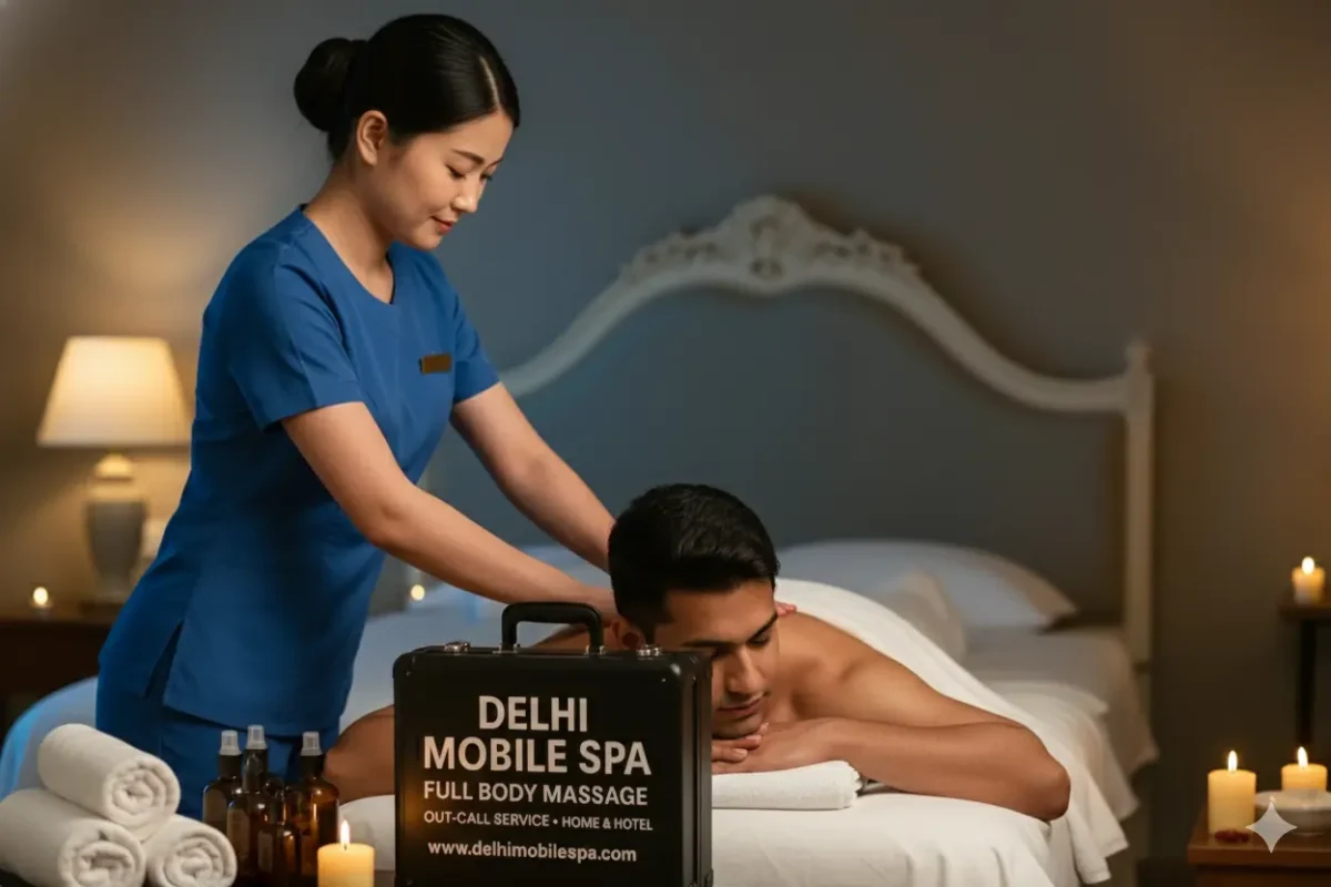 Japanese Therapist Yumi performing full body massage on Indian male client in a Noida hotel room. Luxury mobile spa kit and essential oils are visible. Best hotel massage in Noida.
