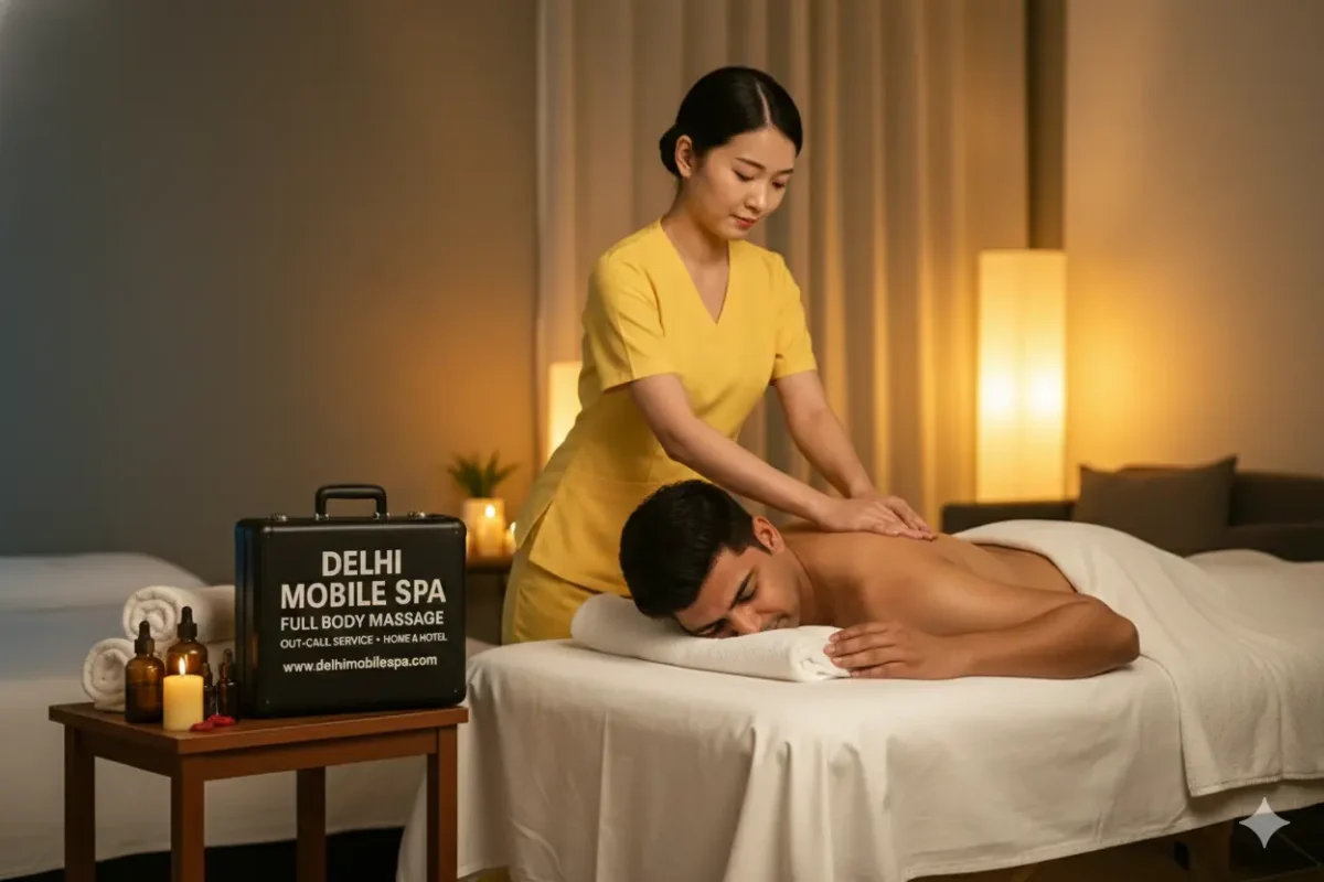 Japanese Therapist Kyomi in yellow uniform providing deep relaxation massage to Indian male client in a Vikaspuri apartment setting. Mobile spa kit is placed on a side table.