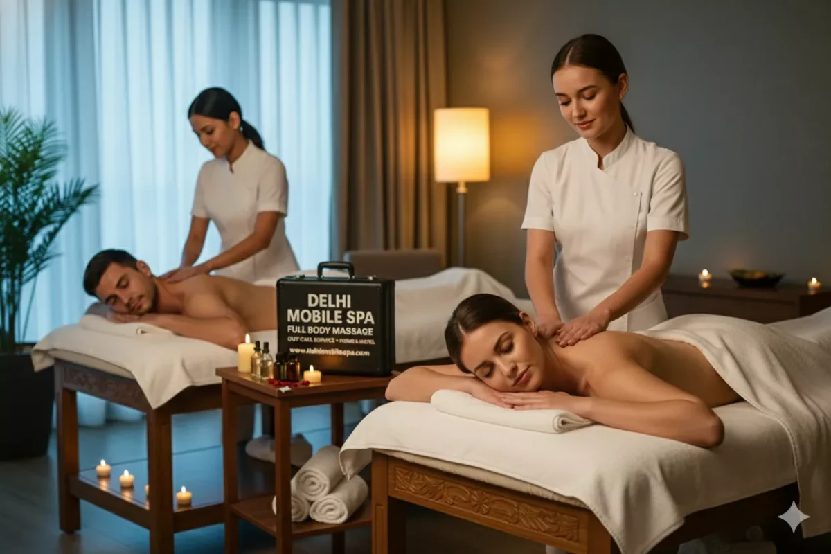 European female therapist performs a relaxing couple massage on young male and female clients in a Delhi hotel room spa setup.