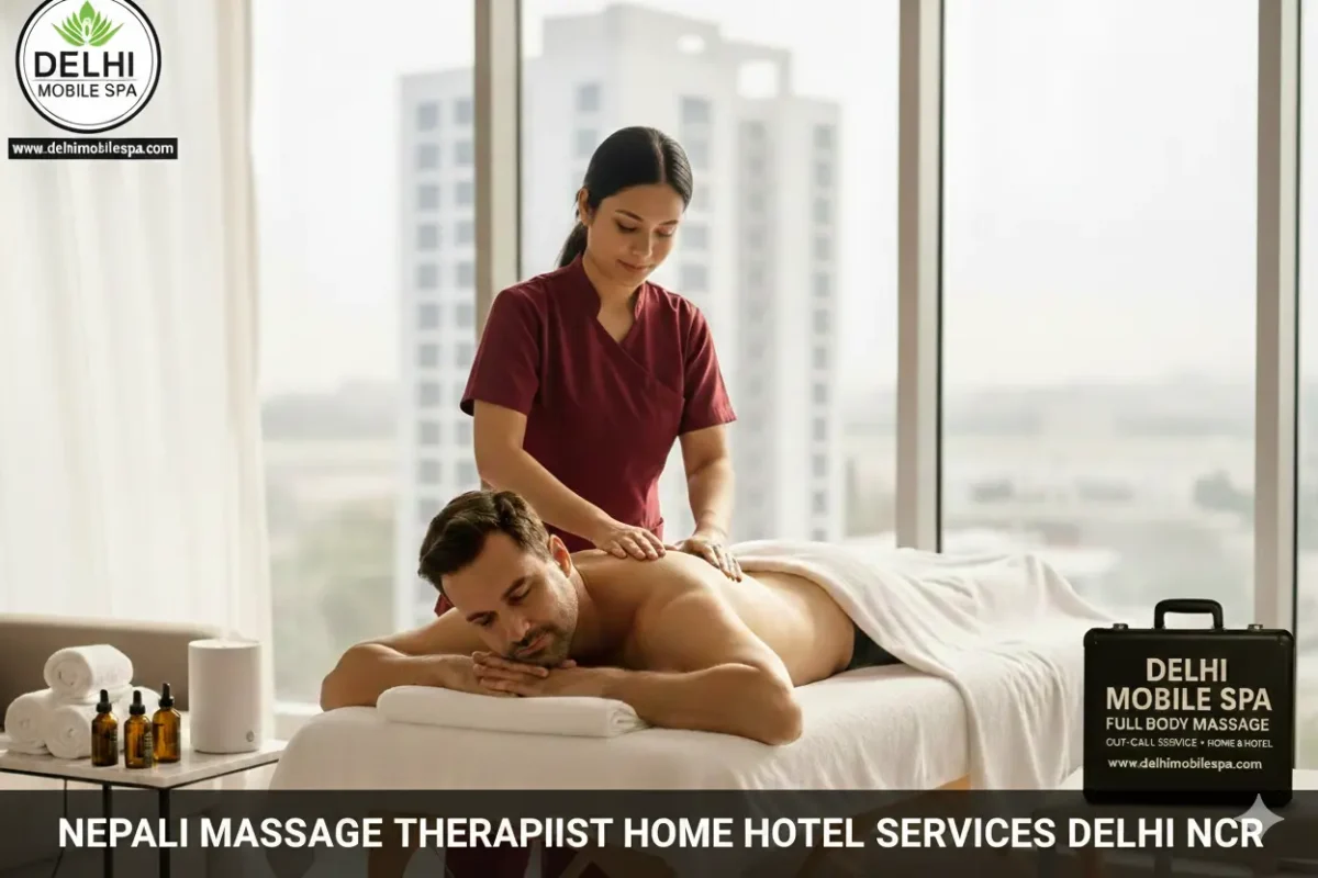 A Nepalese female spa therapist in a dark red uniform performing a relaxing massage on a client in a hotel room setting, with a professional massage kit nearby. The image contains the headline: Nepalese Massage Therapist Home Hotel Services Delhi NCR.