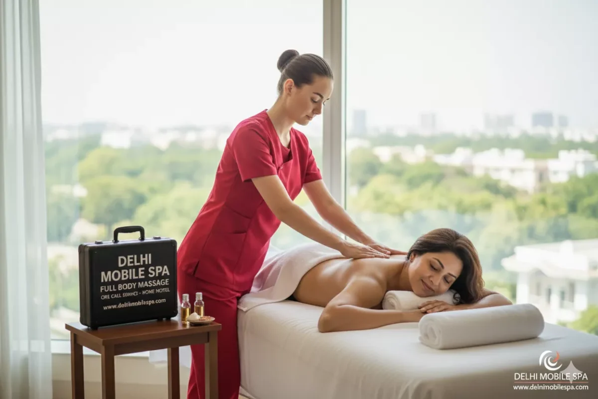 Russian Therapist Oksana providing deep tissue massage for male client in a residence in Indirapuram, Ghaziabad, using her Delhi Mobile Spa kit.