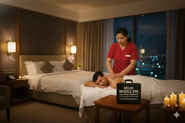 Priya Sharma, Indian therapist, giving professional hotel massage to male client in Gurgaon. Premium home spa outcall service.