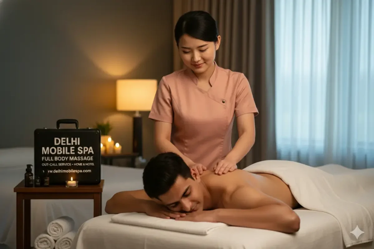 Japanese therapist Veronika performing Zen Fusion full body massage on Indian male client in a Karol Bagh hotel room spa setup.
